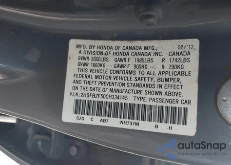 2012 Honda Civic Lx from USA, damaged, VIN 2HGFB2F50CH334145